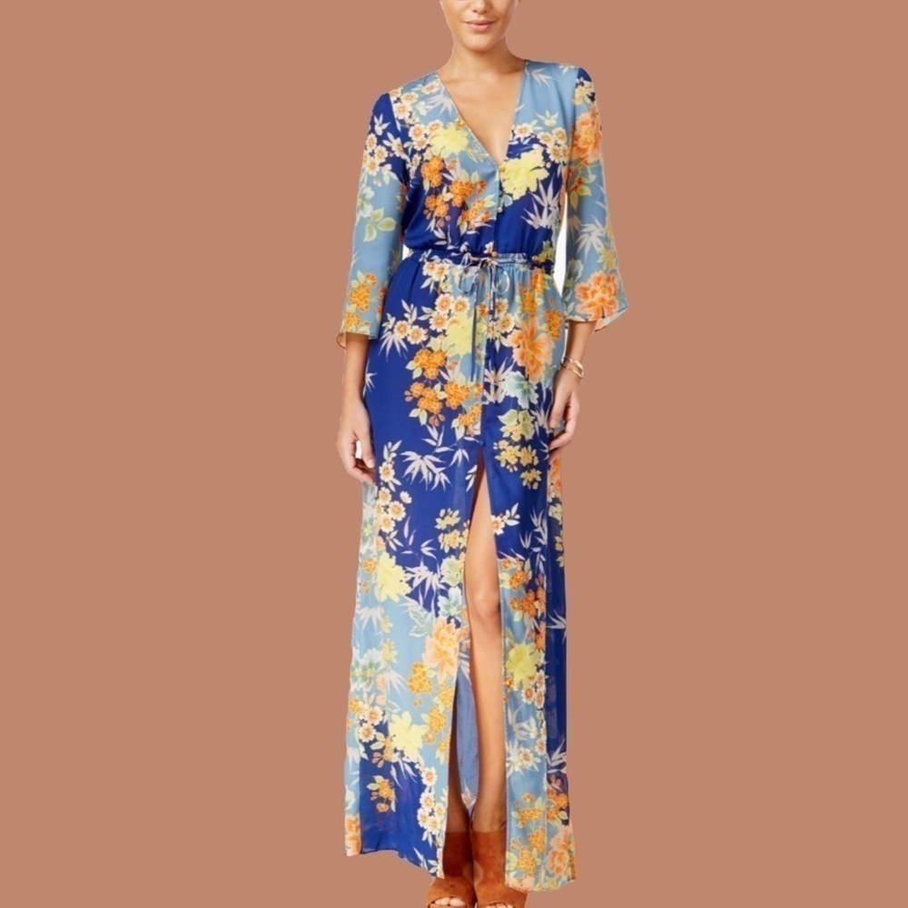 GUESS Constanze bell sleeve elastic waist floral duster- dress